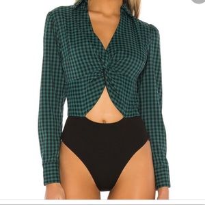 Lovers + Friends green plaid cut out bodysuit S